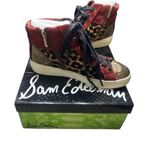 Sam Edelman Britt High Top Sneakers Leopard Calf Hair Red Suede Gold - 7.5